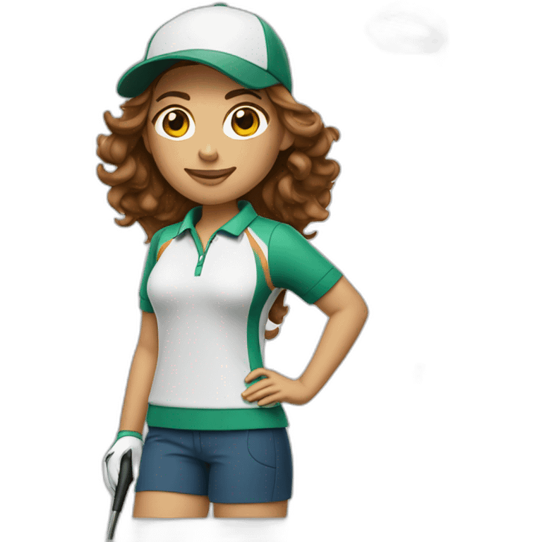 female with brown wavy hair dressed in golfwear with golf gear emoji