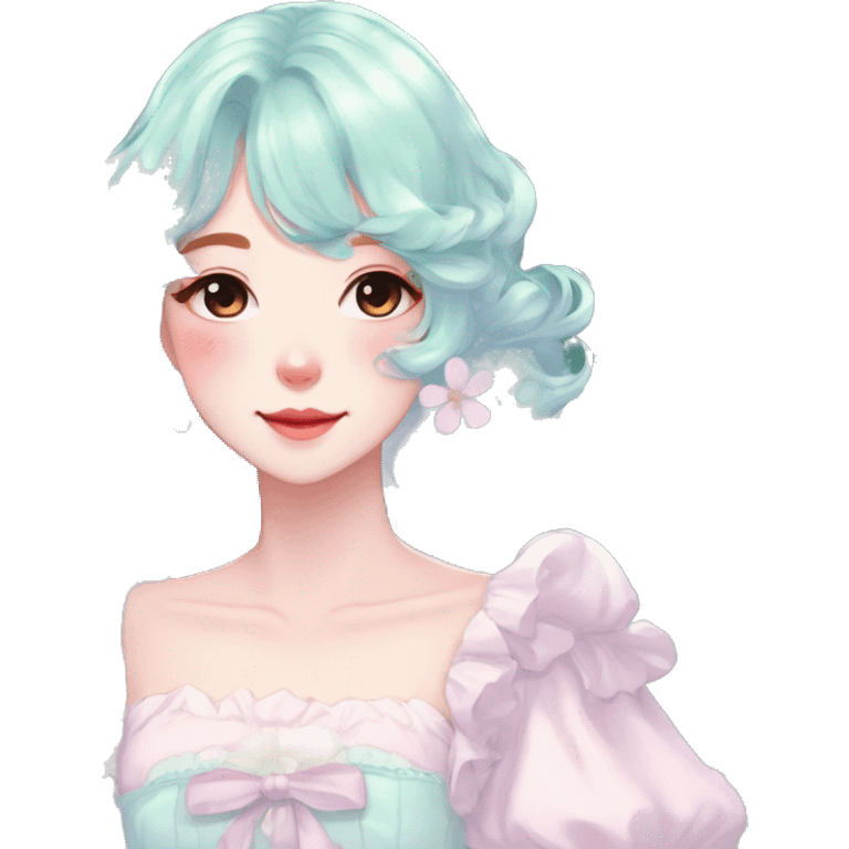 Gorgeous pastel anime style lady with blushing face and daisies cottagecore fairycore pastelcore colorful pearly romantic simplistic aesthetic trending style emoji