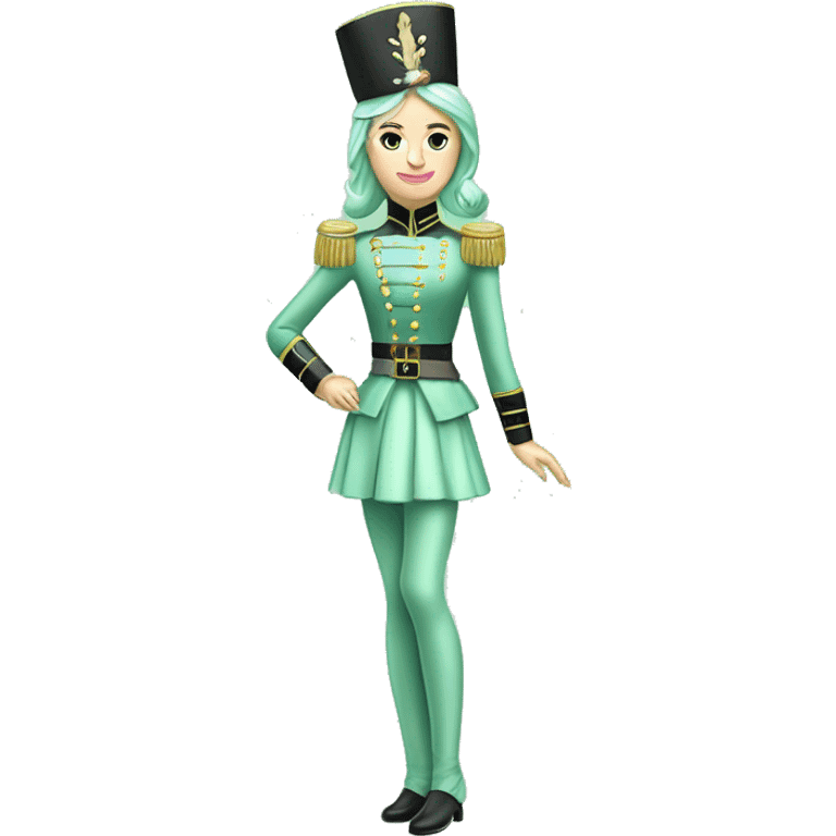 Realistic full length woman coquette Caucasian pastel mint green nutcracker soldier with mint hair. emoji