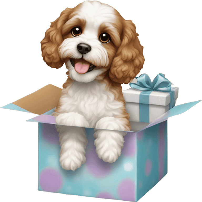 Brown and white cavapoo and gift box emoji