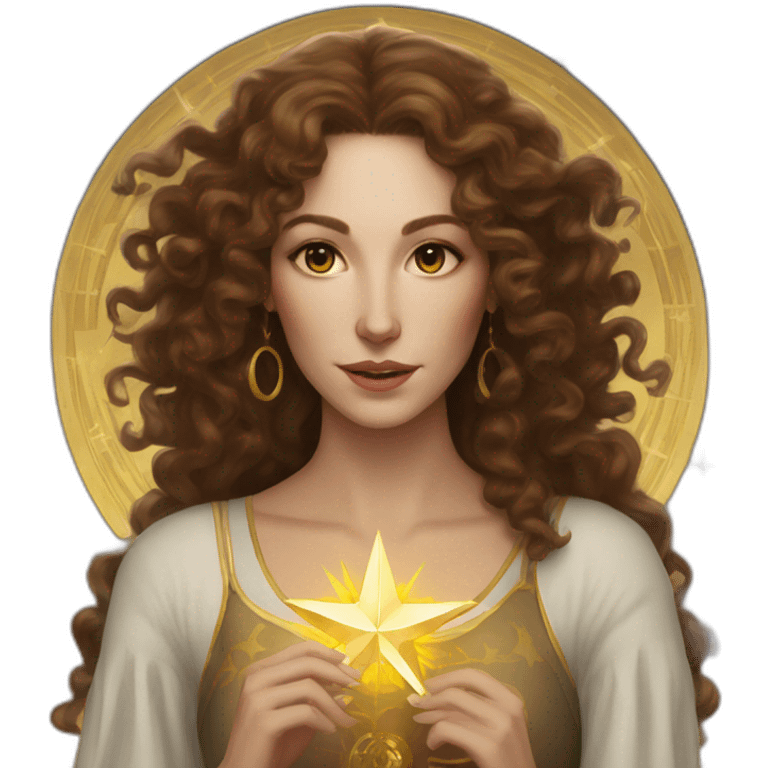 white woman with long brown curls and a tarot card with a golden star on it emoji