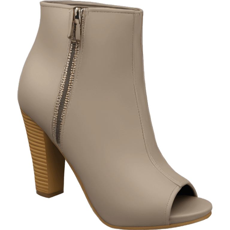 Realistic pair of taupe peep toe zip up bootie boots front facing. emoji