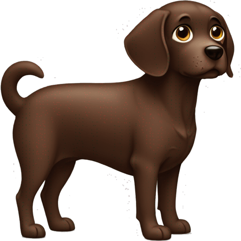 chocolate brown dog with short hair, with a doubtful face emoji