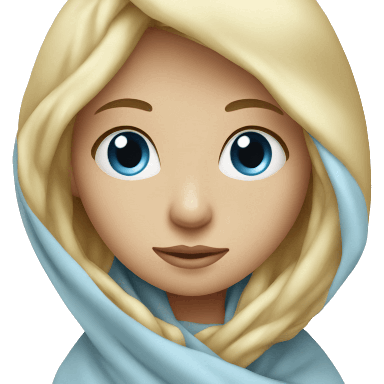 Blonde girl with light blue eyes wrapped in a blanket with head emoji