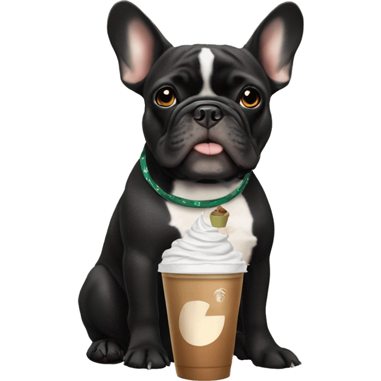 Black and tan French bulldog that is mostly black holding a Starbucks iced chai emoji