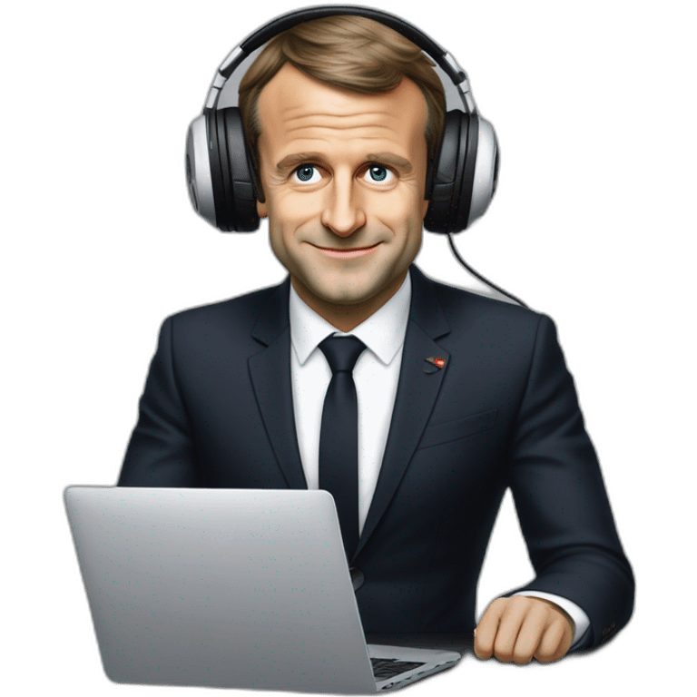 Emmanuel Macron qui joue aux jeux vidéo avec un pc et un casque emoji