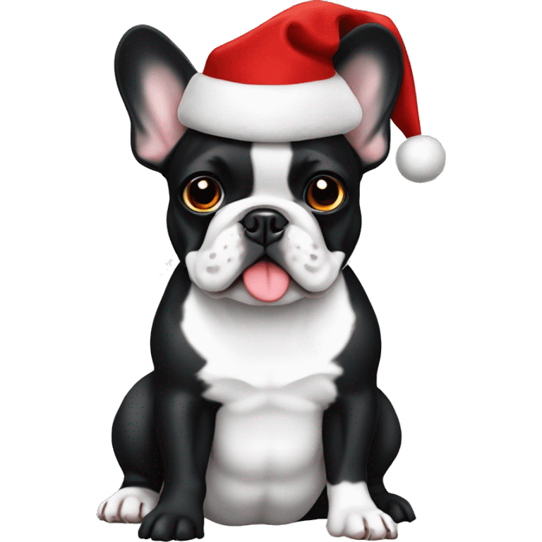 Black and white French bulldog with Christmas hat  emoji