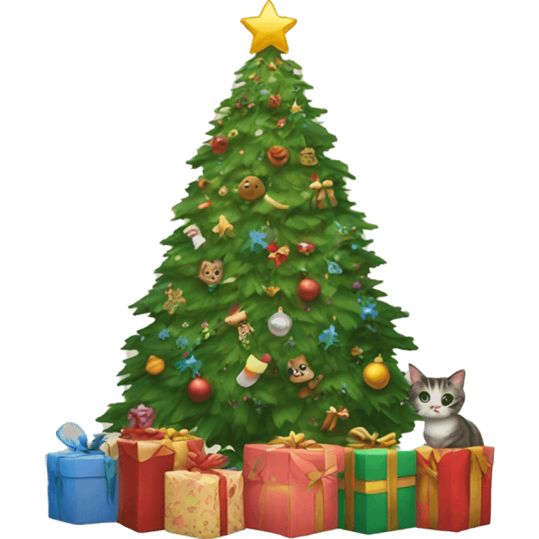 christmas tree surrounded by presents and cats emoji