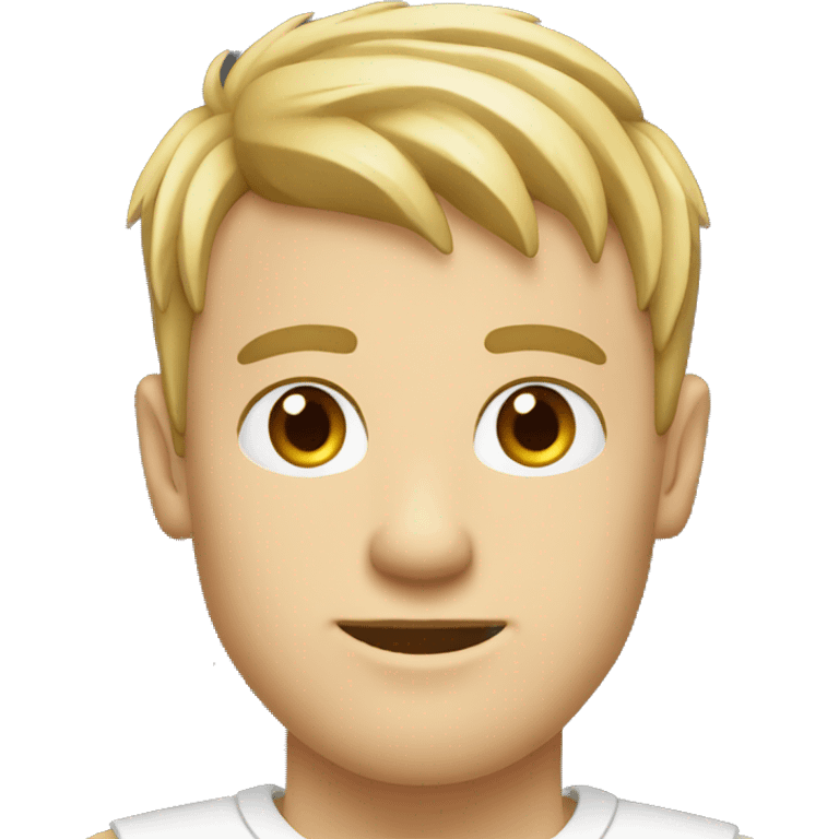 white man with clear skin with fringe up blonde hair style brown eyes and white t shirt with laptop emoji