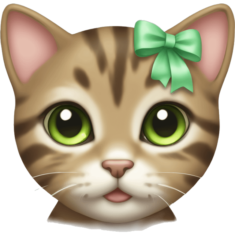 kawaii brown tabby kitten with green eyes and pastel green bow emoji