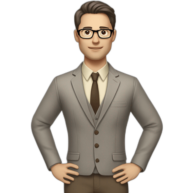 Full height Gesticulating Pale skinned fit man with dark brown hair in gray jacket, beige office shirt, brown tie, brown pants and vintage glasses. emoji