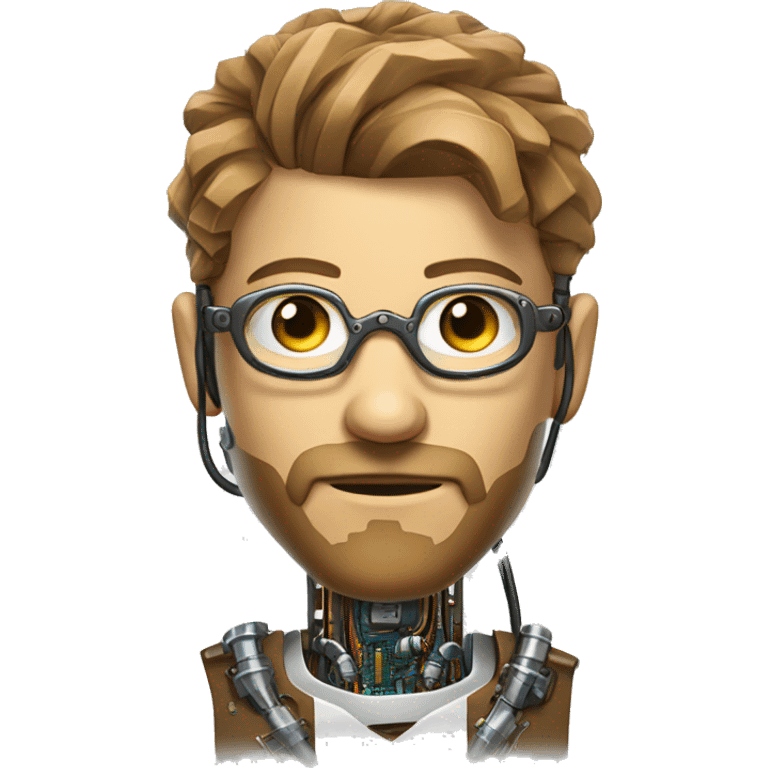 Male cyborg head with light brown hair, light brown beard, steampunk glasses, circuits, wires  emoji