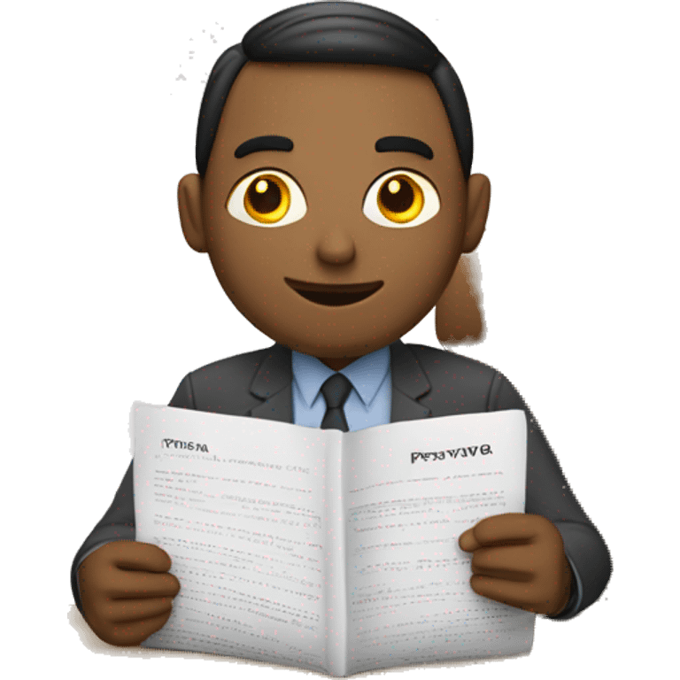 man sitting in a desk in front of notebook is holding a paper with word "prestavka" emoji