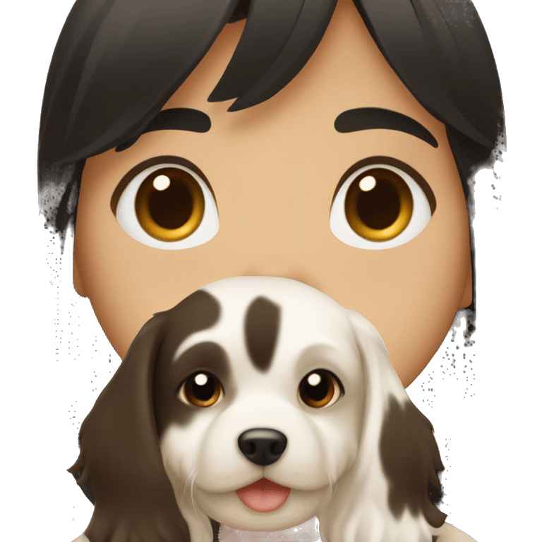 A girl with black hair with bangs, having a dog épagneul breton brown and whiter in her arms emoji