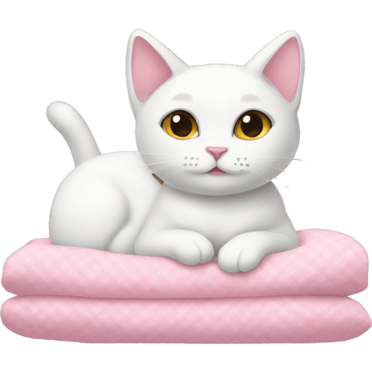 White Cat in bed with pink bows  emoji