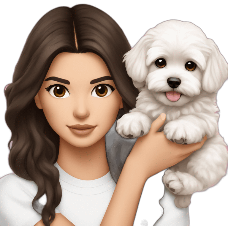 brunette Kendall Jenner with long hair holding on the hands white maltipoo wear on pink collar emoji