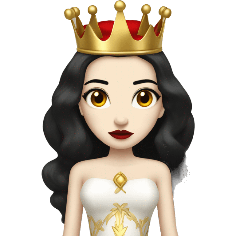 Queen with pale skin, long black hair, bright red lips, skinny gold crown, white dress, and evil stare.  emoji