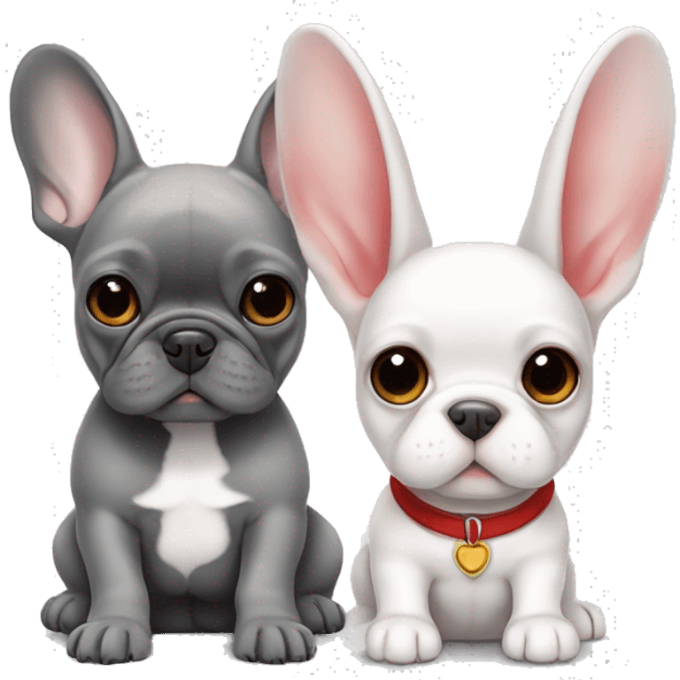 French bulldog puppy is gray with a white stripe between the eyes next to a white rabbit with red highlights in its eyes emoji