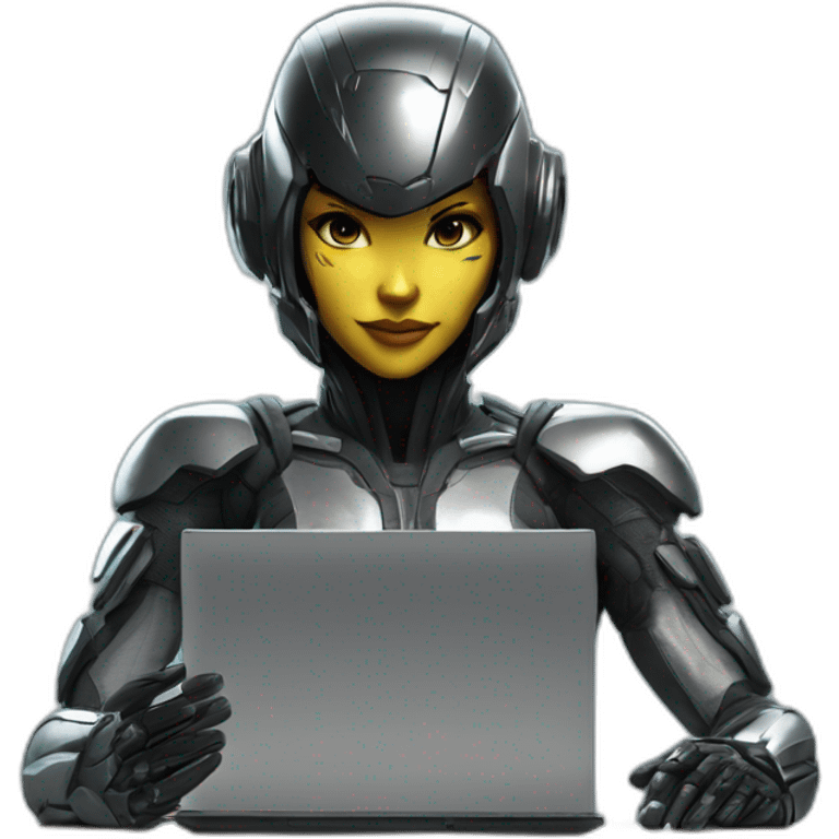 Girl developer behind his laptop with this style : Crytek Crysis Video game with nanosuit character hacker themed character emoji