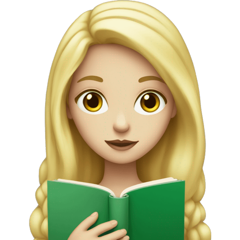 White skinned girl with green eyes and golden hair holding a book emoji