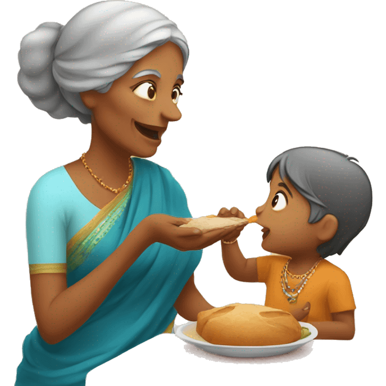 Indian grandmother feeding toddler grand daughter  emoji