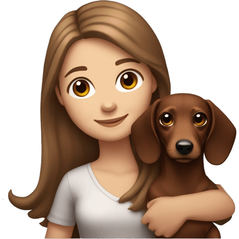 White girl long brown hair smiling and brown eyes with long eyelashes and holding a dachshund  in her arms emoji