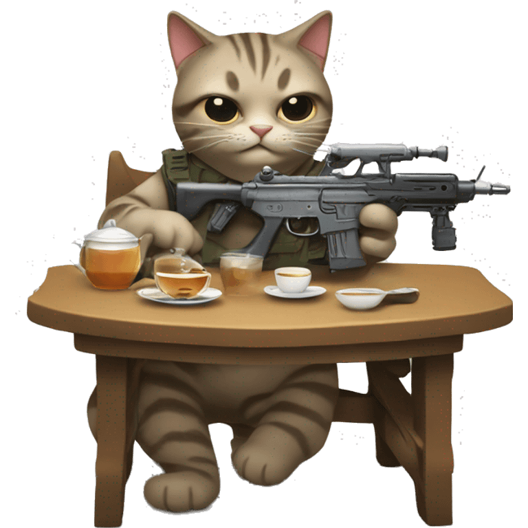 cat spilling tea with machine gun emoji