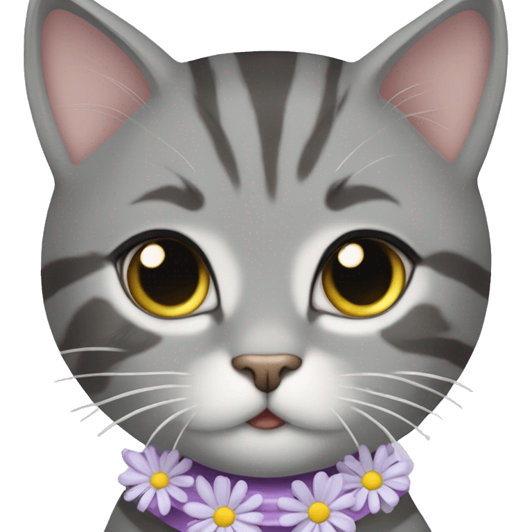 Beautiful girl grey tabby cat with lilac collar with a daisy pendant emoji