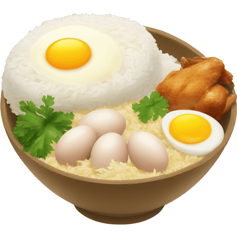 a bowl of rice with two eggs and two chicken thigh emoji