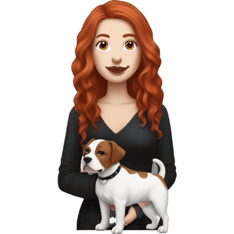 Long Red haired woman with septum piercing holding black and white English Staffordshire dog emoji