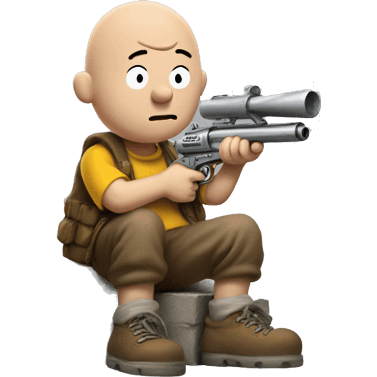 Homeless Charlie Brown with a t-shirt gun emoji