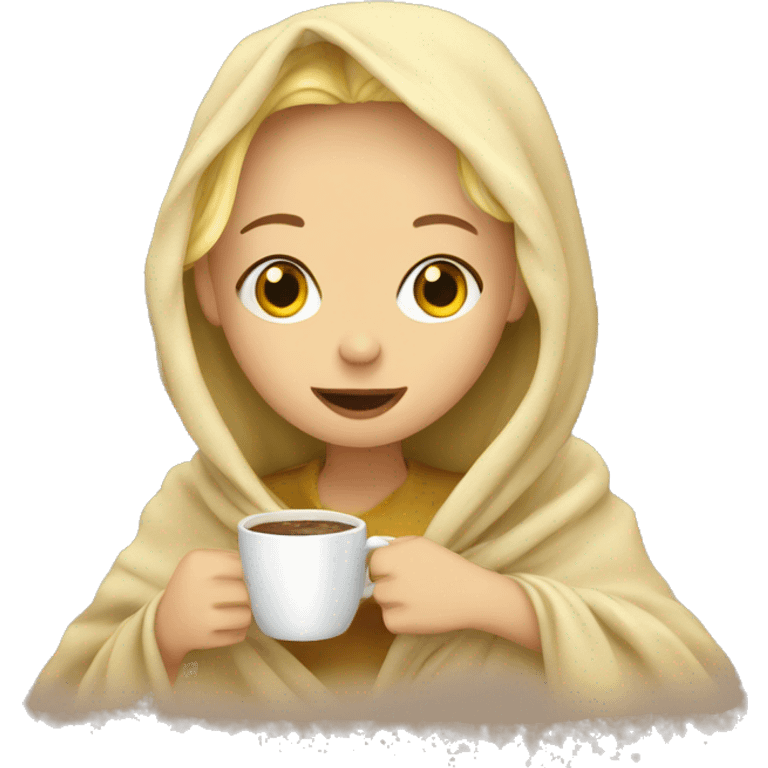 blond girl inside a blanket sipping coffee  emoji