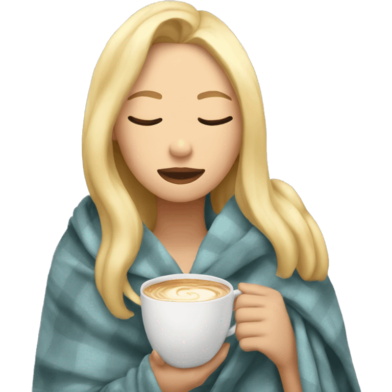 girl inside a blanket sipping coffee eyes closed with blonde hair emoji