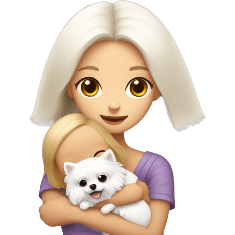 girl hug white Pomeranian emoji