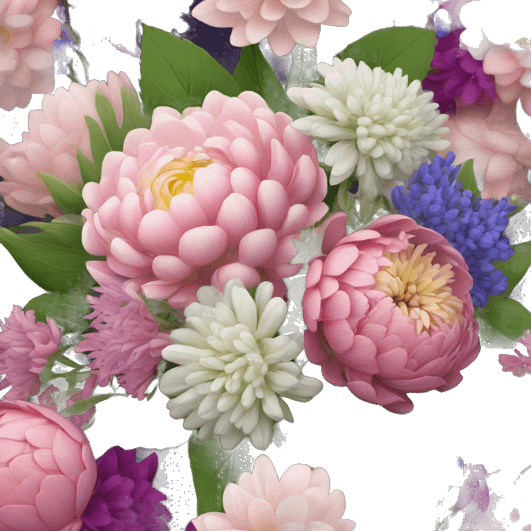 Bouquet with dahlias, baby’s breath, lupines, and peony’s  emoji