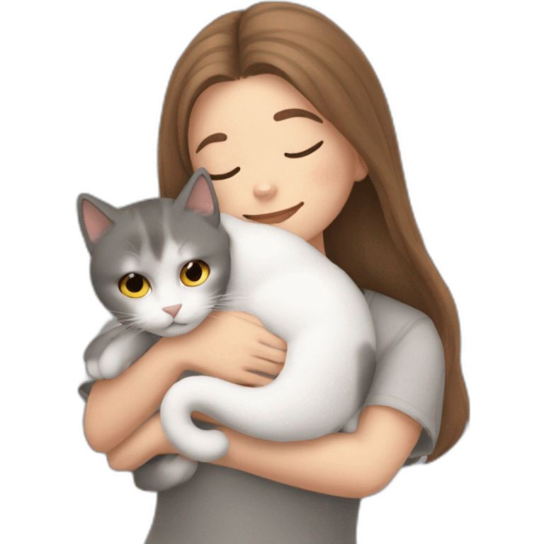 White grey cat cuddling brown hair girl emoji