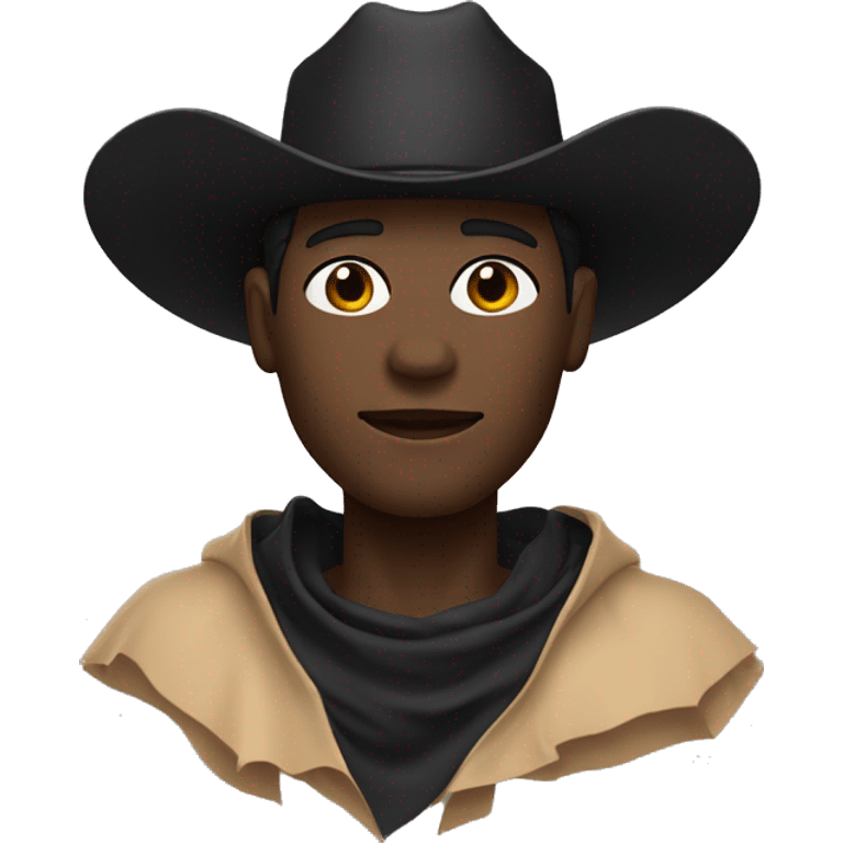 a black guy with fair skin, wearing a black cowboy hat and a black bandana covering the lower part of his face. A brown poncho is visible. Angle: upper body, accent on the face emoji