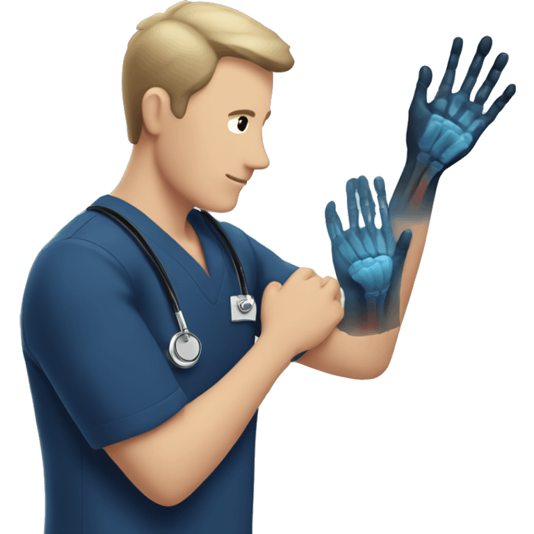 Man in navy scrubs looking at an arm X-ray  emoji