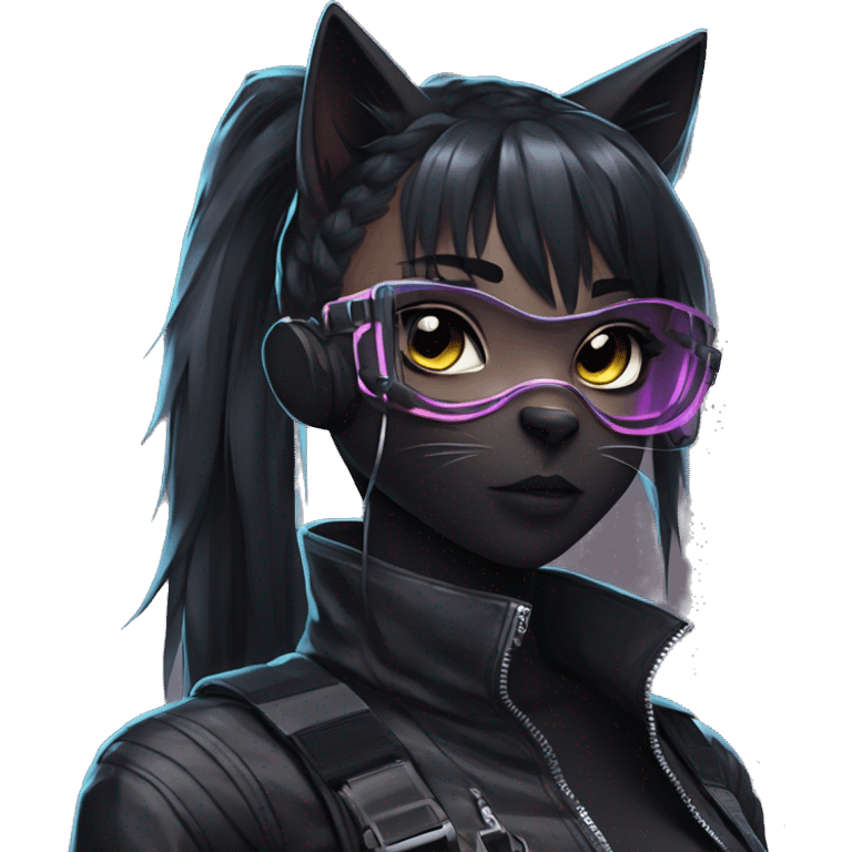 Gorgeous cyberpunk ponytail dark techwear anime style anthro black cat furry with blushing face aesthetic and pretty edgy black with collar and harness trending style emoji