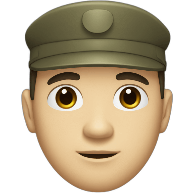 face with small, thin mustache, dark hair combed to the side, prominent eyebrows, brown eyes, a large nose, a square chin, a pale complexion, wearing a military shirt and no hat emoji