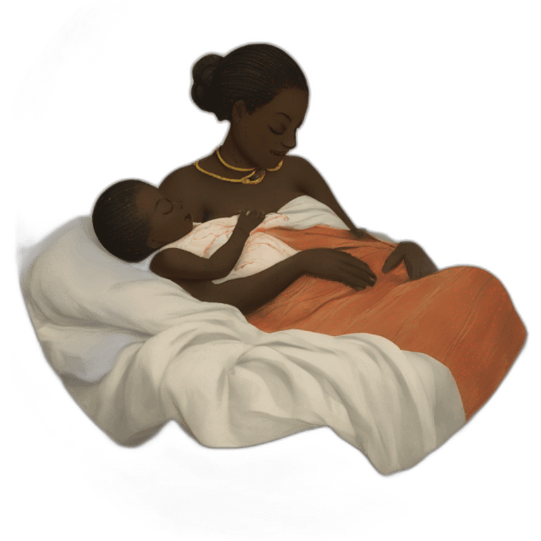 The tribal african woman sleeping in bed with a babies bab babies, 17th century, emoji