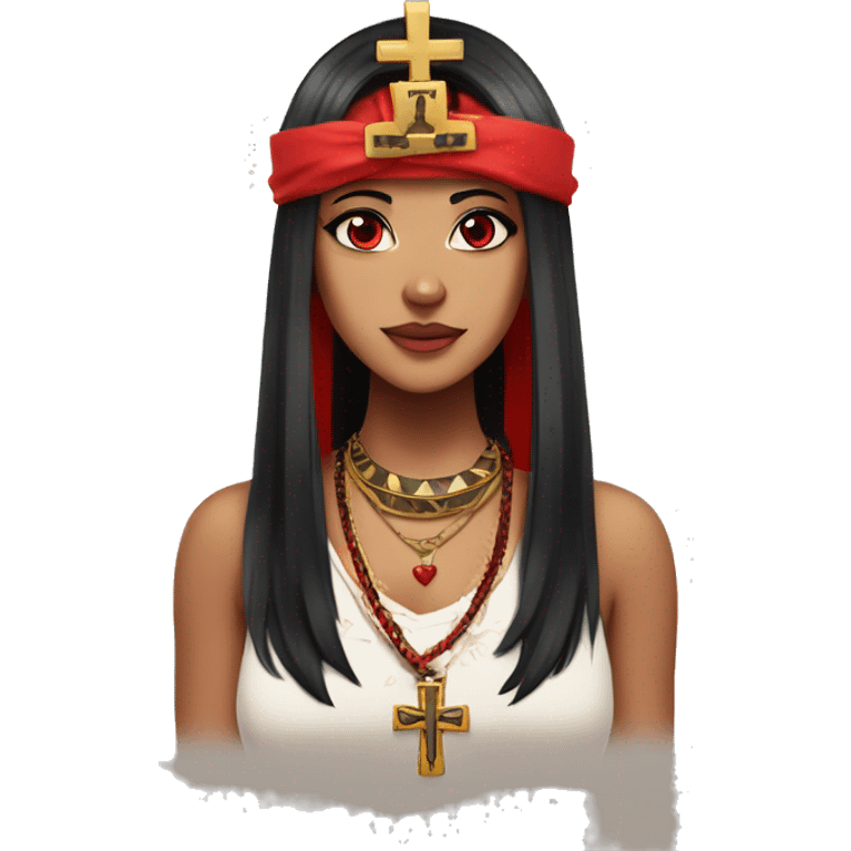 anime woman with red and black hair, wearing a hawaiian shirt, red eyes, wearing a cross necklace, wearing a red and black nemes pharaoh headdress emoji