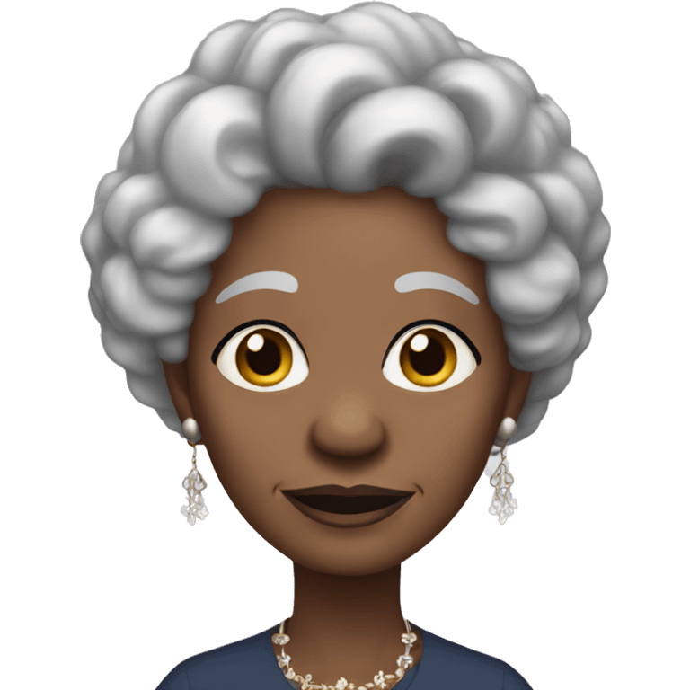 Black elderly woman with white curly hair, long hair, adorned with earrings. emoji