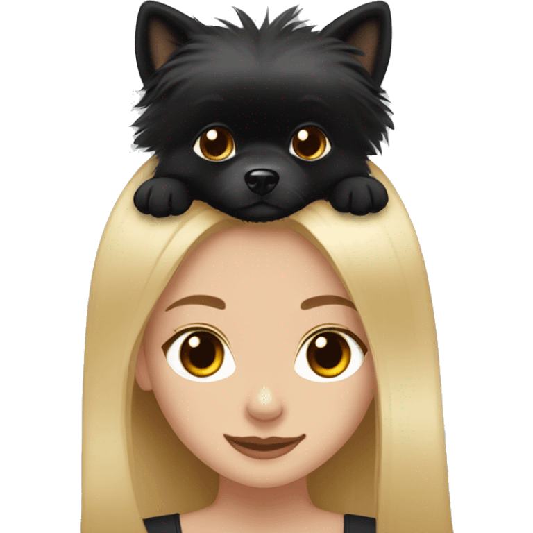 brown eyes blond girl petting black pomeranian with a white nose  emoji