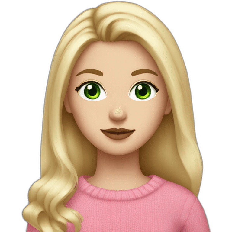 white girl, green eyes, blond staight hair, pink lips, pink sweater  emoji