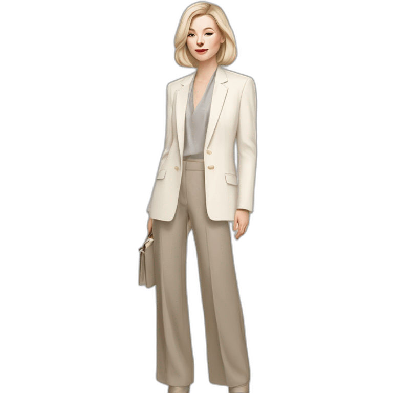 pale skin woman with ash blonde Straightened bob Hair, White Spacious classical jacket, beige palazzo Arrow pants and gray blouse holding a color palettes in the hands emoji