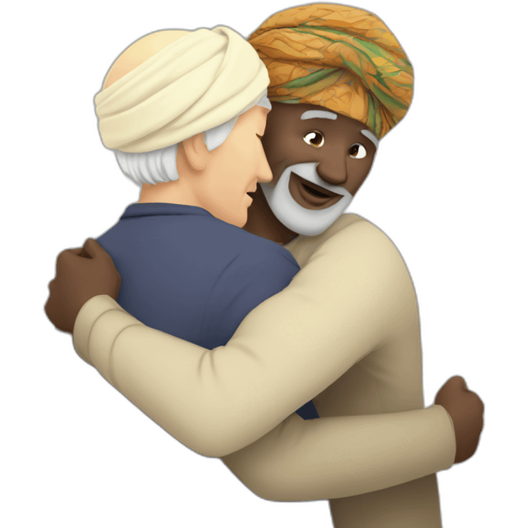 Turban older Man from africa hugs blond European man emoji