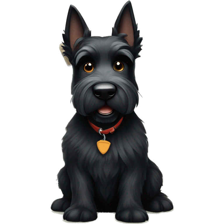 Black Scottish Terrier sitting in front of a tent at a campground  emoji