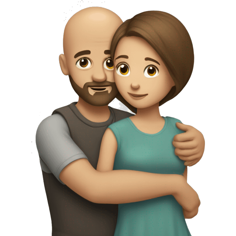 A bald bearded boy hugs a girl with medium-length brown hair emoji