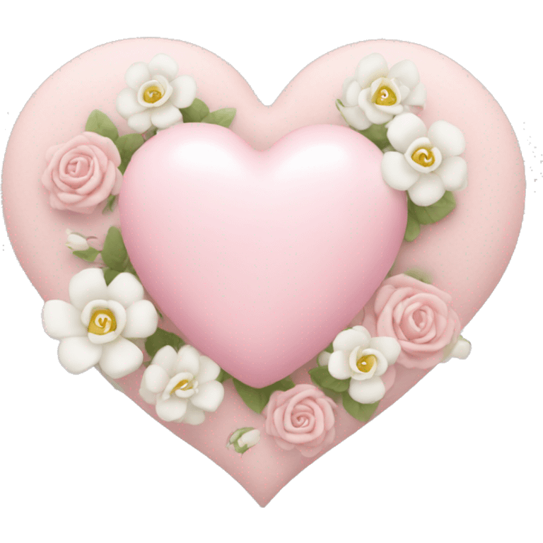 Baby pink heart with white rose flowers around it emoji